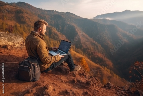 Freelancer working online while hiking in the mountains created with Generative AI technology