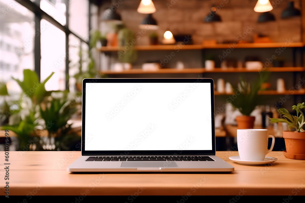 laptop with transparent screen on table with blurred background, laptop mockup png for any image on screen, generative ai laptop with transparent screen on table with blurred background, laptop mockup png for any image on screen, generative ai