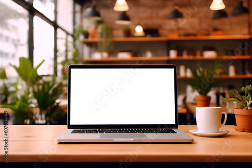 laptop with transparent screen on table with blurred background, laptop mockup png for any image on screen, generative ai