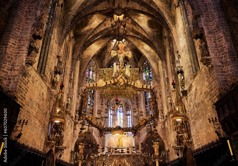 Beautiful historic architecture inside Cathedral Basilica of Palma de Mallorca Spain