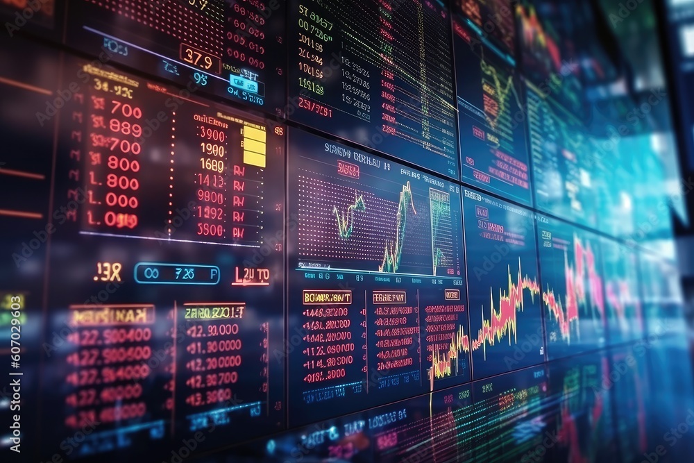 Stock market financial statistics on screen, share pricing, online trading data made with Generative AI technology Stock market financial statistics on screen, share pricing, online trading data made with Generative AI technology