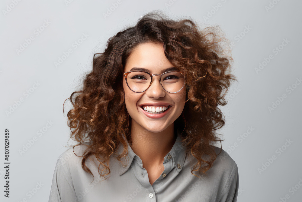 Obraz premium Happy satisfied woman wearing glasses portrait on white background created with Generative AI technology