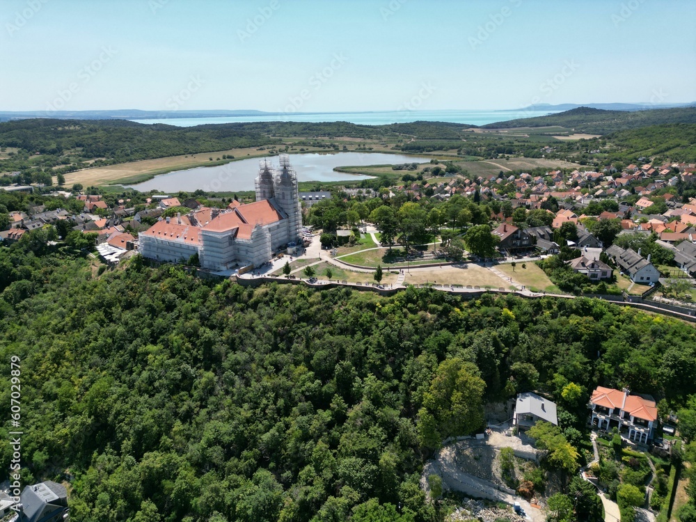 Aerial view of the old village and Lake Balaton in Hungary