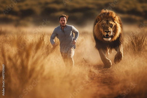 Man running away from a lion in the savannah. Generative AI
