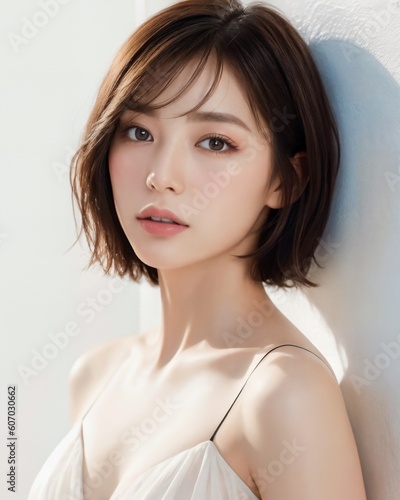 Portrait of beautiful japanese women with white background by generative AI photo