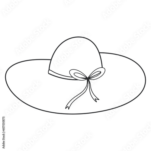 Women's sun hat icon. Headdress for hot summer. Ribbon on the hat. Hand drawn vector illustration.