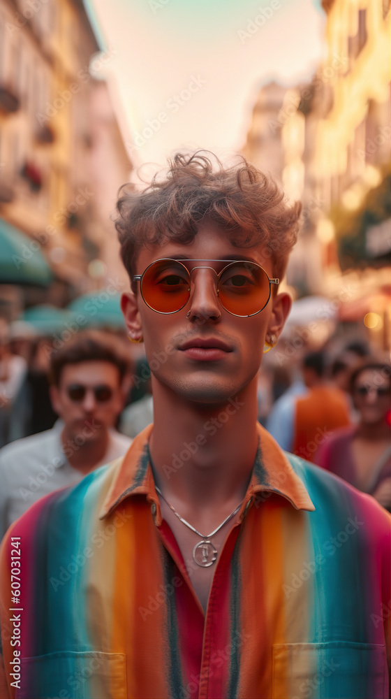 Fototapeta premium Man lgtbi in pride crowd with generative AI technology