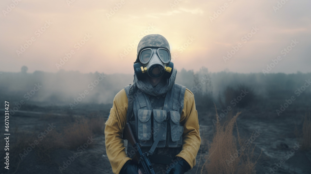 soldier with full gear and gas mask Generative AI