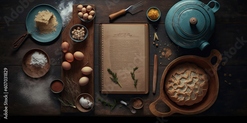Baking ingredients on dark wooden background, top view, copy space. Recipe book. Generative AI photo