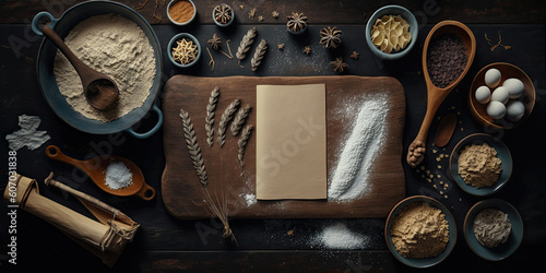 Baking ingredients on dark wooden background, top view, copy space. Recipe book. Generative AI