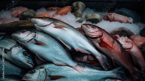 Fresh fish on ice at the fish market. Seafood and healthy eating concept. Generative AI