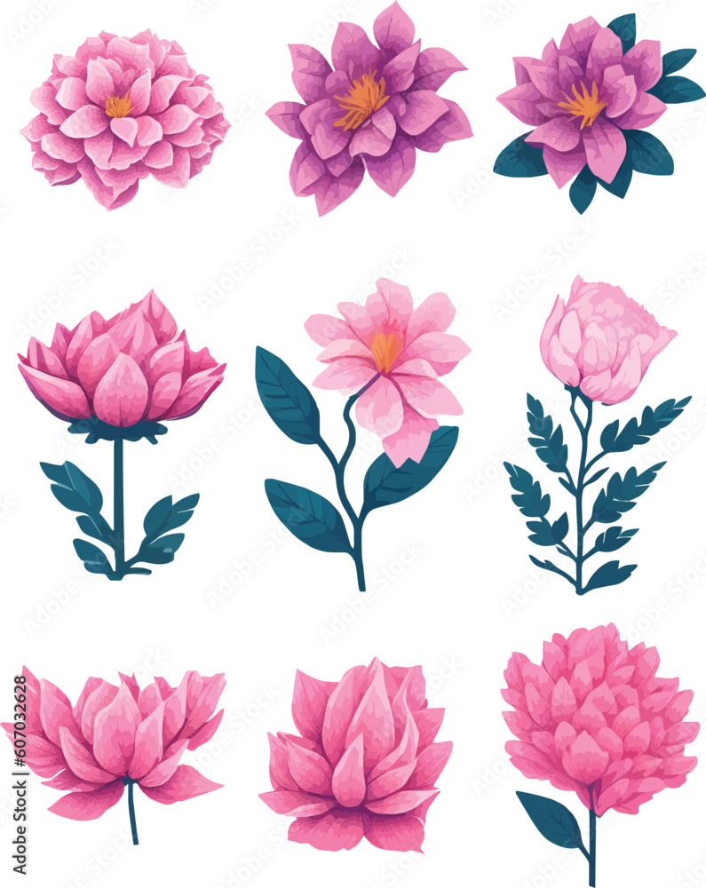 Azalea Flower Set, Watercolor Flower Vector Design Set