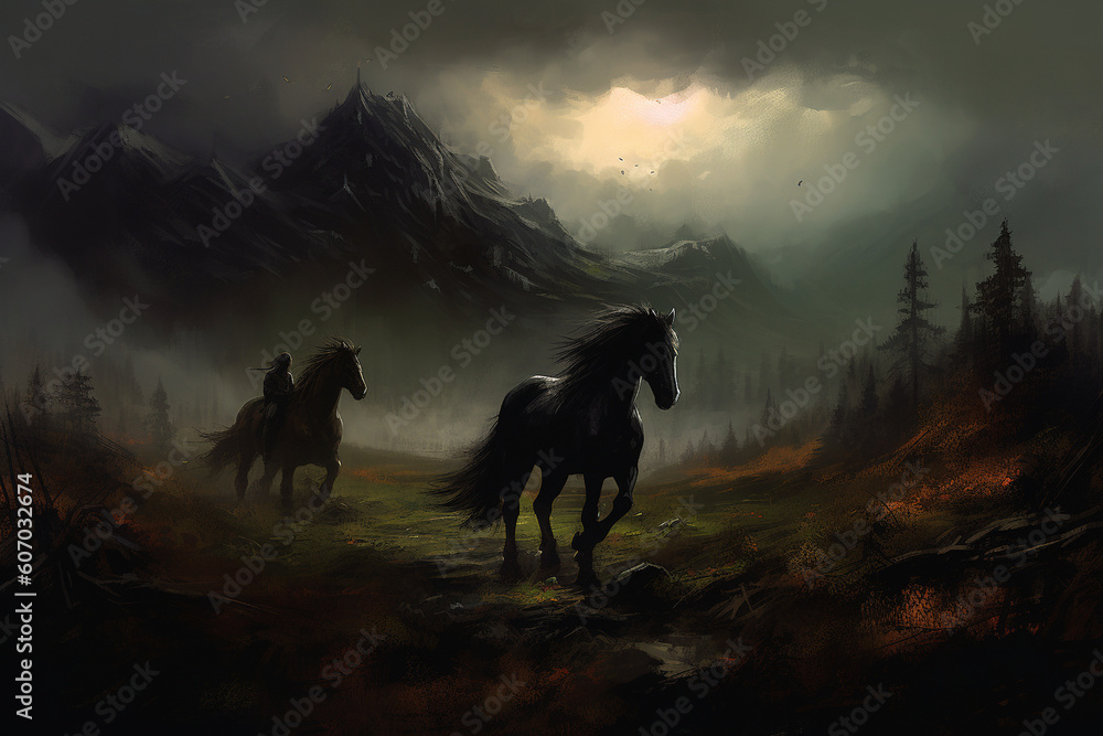 Horses Roaming the Mountains created with Generative AI technology
