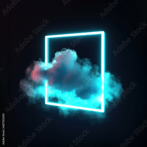 Futuristic frame made with neon cyberpunk 3d square frame. Cyber colorful light and vibrant cloud. 3D Illustration. Generative AI.