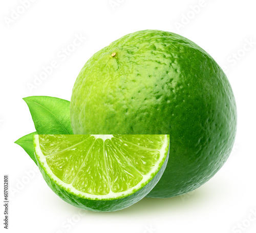 Isolated lime fruits. Whole lime fruit and a piece isolated of white background with clipping path