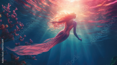 Beautiful, young mermaid enjoying on sun light underwater. Vibrant abstract illustration of futuristic, elegant, water princesses. Love and beauty. Generative AI.