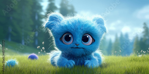 Cute Blue Alien with big black eyes. Funny fluffy cartoon character. Fluffy little monster is standing on the grass. Fantasy Baby Cat. Kitty. Legend and Fairy Tale. 3D illustration for children