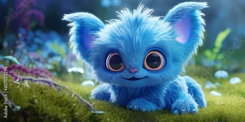 Cute Blue Alien with big black eyes. Funny fluffy cartoon character. Fluffy little monster is standing on the grass. Fantasy Baby Cat. Kitty. Legend and Fairy Tale. 3D illustration for children