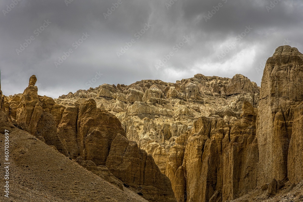 Zanda soil forest landscape and cliffs in Zanda County of Ali prefecture in Tibet, China