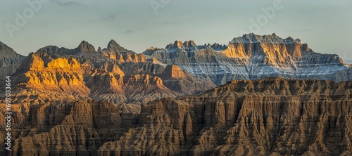 Panoramic shot of Zanda earth forest during the sunrise in Ali Prefecture, Tibet, China