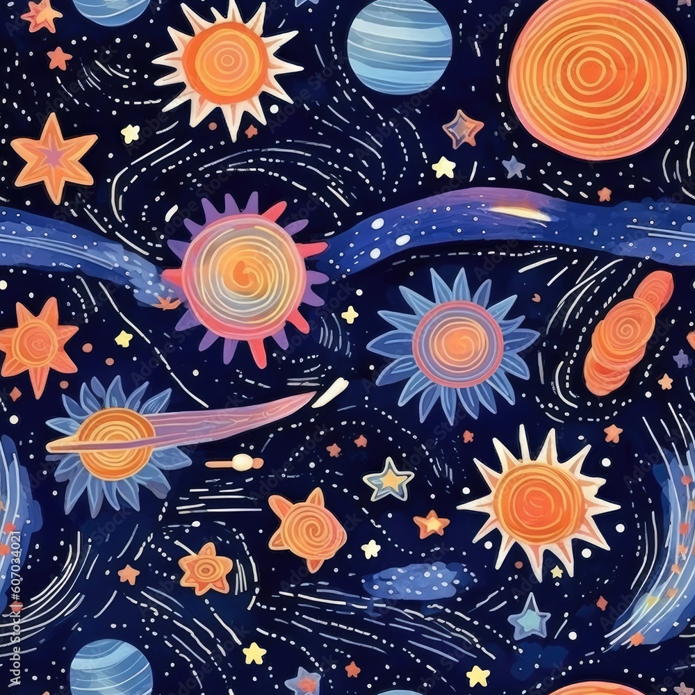 Fototapeta premium Celestial elements with earthly botanical elements like flowers, plants. Seamless pattern background for textiles, fabrics, covers, wallpapers, print, gift wrapping