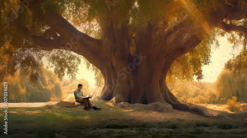 a man reading a book under a big tree, Generative Ai