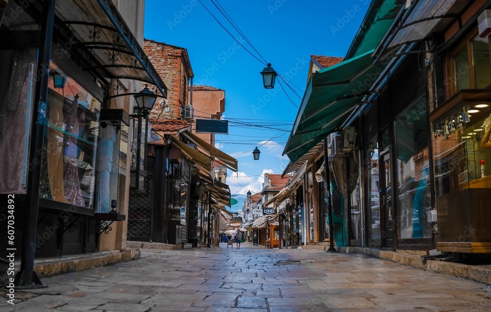 Obraz na płótnie Beautiful view of traditional stores at the Old Bazaar market in Skopje, Macedonia w salonie