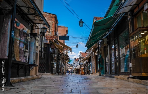 Beautiful view of traditional stores at the Old Bazaar market in Skopje, Macedonia