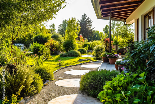 Jardin paysager, jardin d'agrément , avec allée - Générative iA photo