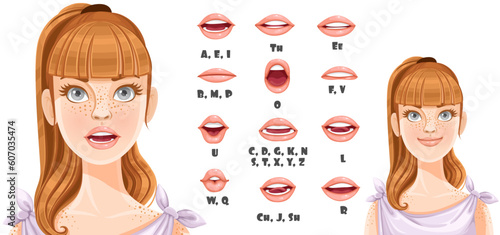 Cute cartoon blond girl with ponitail talking mouth animation. Female character speak mouths expressions