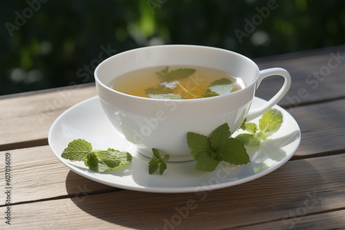 Cup of Lemon Balm leaf tea. Generative AI illustration