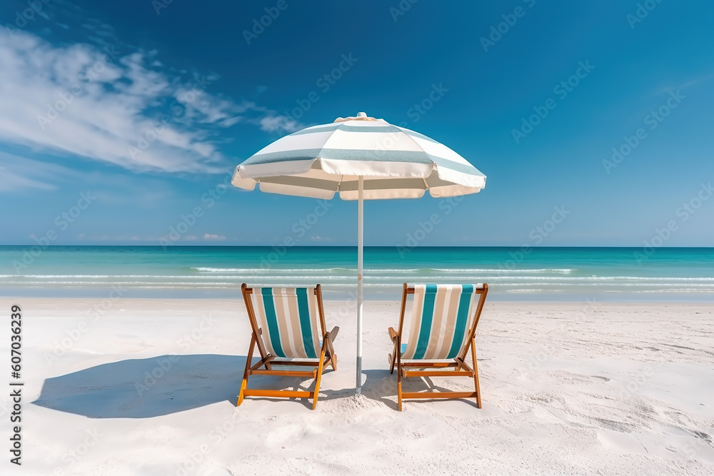 Obraz premium A beautiful beach with white sand, chairs and umbrella. Travel tourism background concept. Amazing beach landscape. Generative AI.
