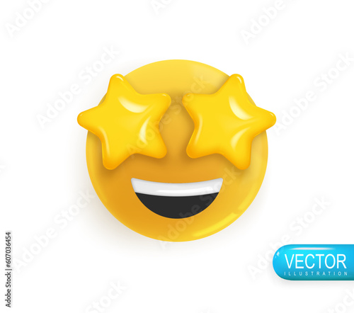 Emoji face smile with stars in your eyes. Realistic 3d Icon. Render of yellow glossy color emoji in plastic cartoon style isolated on white background. Vector illustration