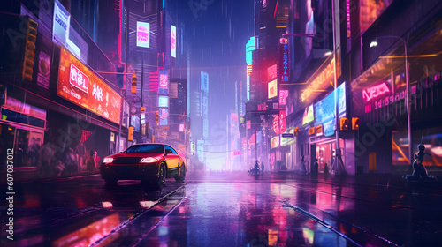 Futuristic cityscape at night with long exposure. Ai generated. © DreamZone