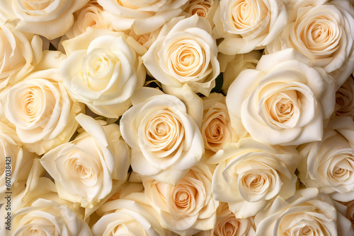 white roses background. Top view of many white and creme color roses  generative ai