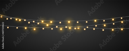 Lamp garlands on dark background. Template for party, carnival, christmas, birthday or presentation. Vector illustration.