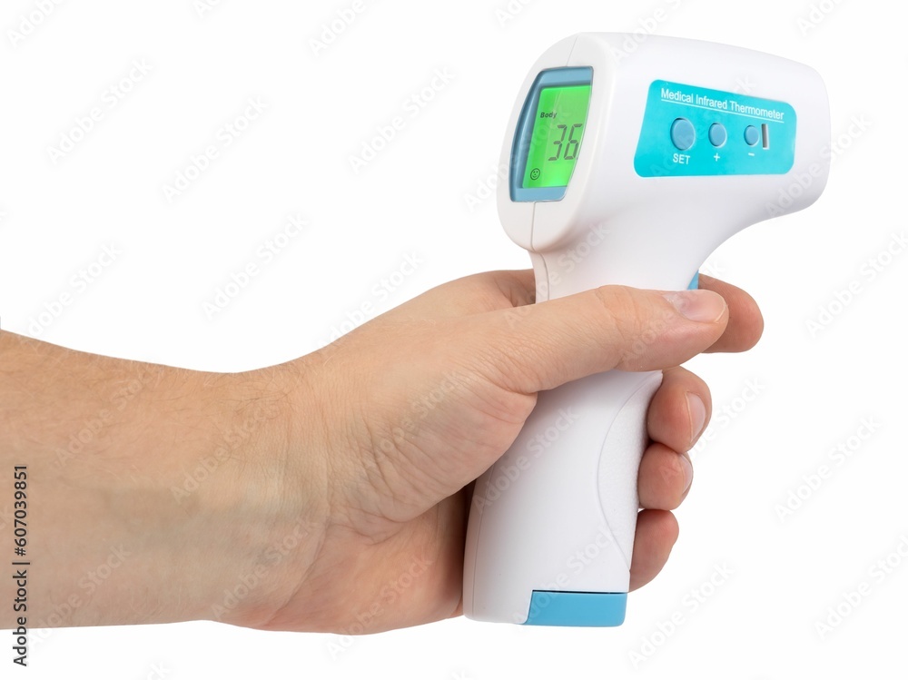 Closeup of a no-contact medical infrared thermometer Closeup of a no-contact medical infrared thermometer