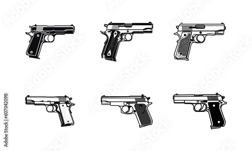 Set of pistol icons in black flat style isolated on white background. Vector illustration