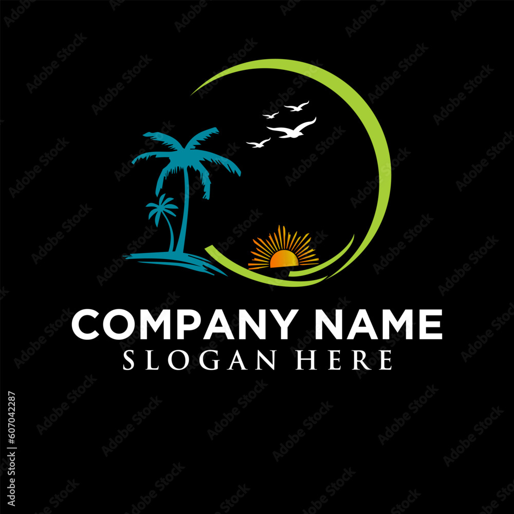 a sunset-themed beach logo