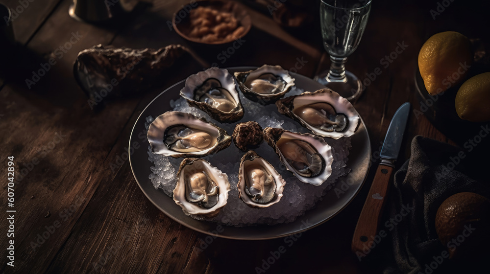 Fresh oysters on a black background. Close-up view. Generative AI
