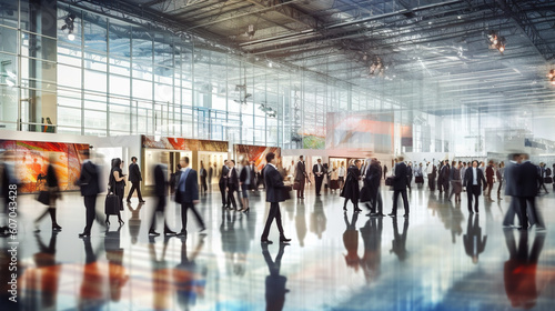 Canvas Print blurred business people at a trade fair or walking in a modern hall