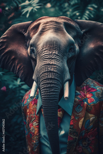 Fashionable elephant in colorful suit in tropical rain forest, created with Generative AI.