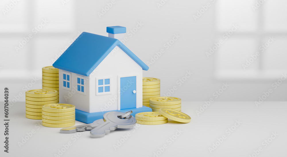 House model property real estate investment buy loan mortgage insurance contract house coin money finance savings house key concept 3d rendering. House model property real estate investment buy loan mortgage insurance contract house coin money finance savings house key concept 3d rendering.