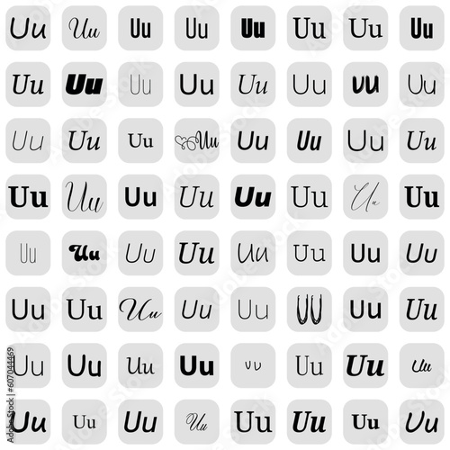 Letter U in different fonts on white background. Type design collection on grey buttons. Vector illustration.