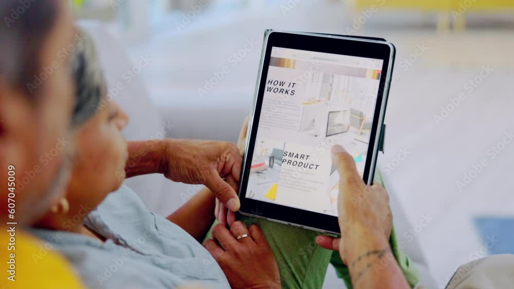 Hands, tablet and online shopping with couple on sofa for tech product in home living room on website sale. Senior female customer, man and touchscreen with ecommerce search for discount deal on app