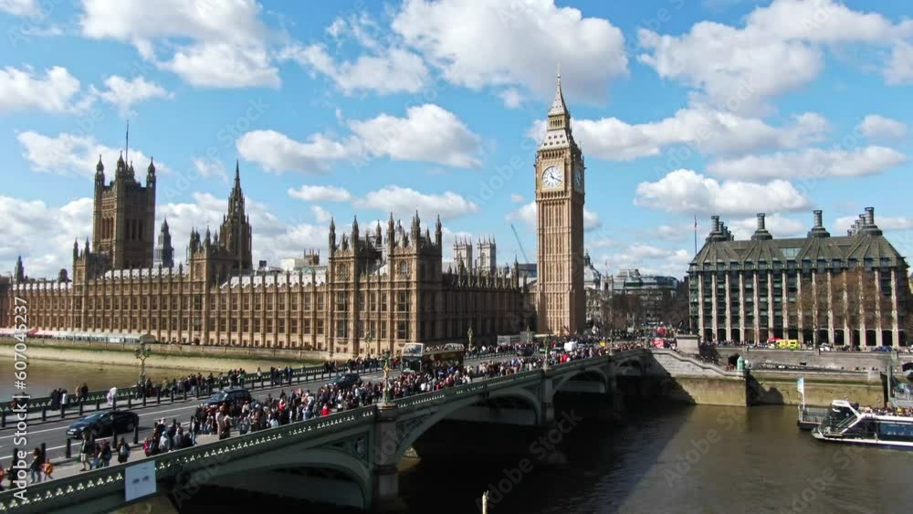 Aerial drone video moving toward Big Ben and the houses of parliament