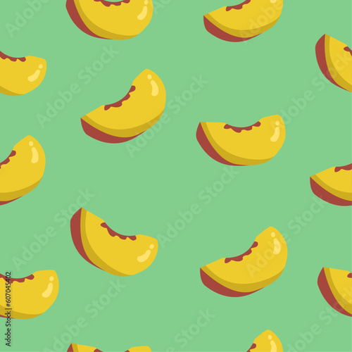 Summer bright fruit seamless pattern of cute juicy peach with green background. Cartoon peach wedge seamless summer pattern in flat design for kids. Design for package and illustration for print