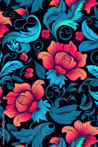 The background features bold floral wallpaper with enhanced texture. (Generative AI)