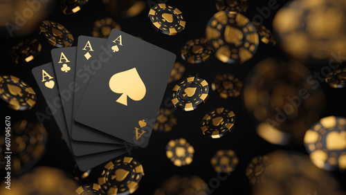 Casino game poker card playing gambling chips black and gold style banner backdrop background Concept. 3d rendering.