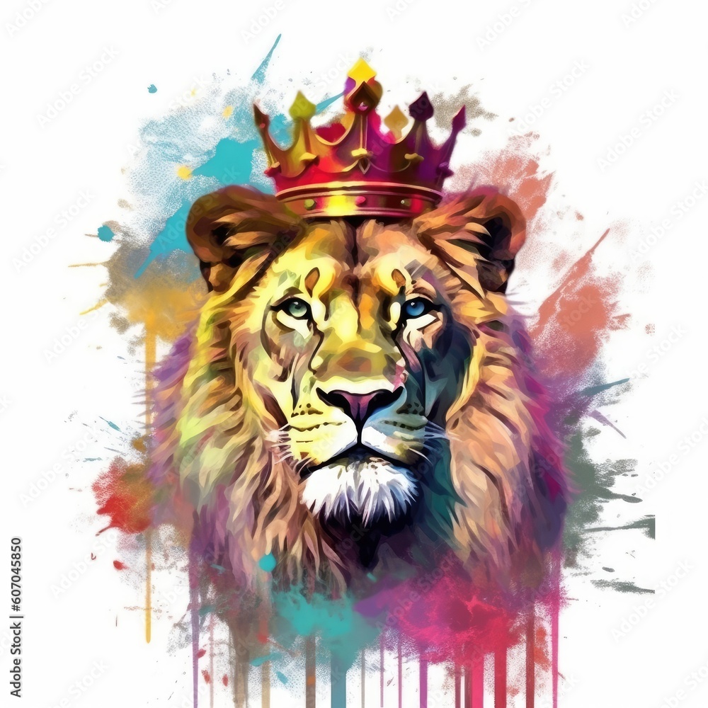 An abstract, colorful painting of a lion with a crown. (Illustration, Generative AI)